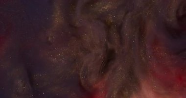 Parıltı akıyor. Bulanık, soyut sis. Yaratıcı sanatın siyah arka planına odaklanmış pembe, mor, parlak, sıvı su mürekkebi..