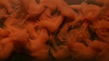 Turuncu boya damlası. Işıldayan arka plan. Koyu siyah akrilik soyutlama üzerinde yüzen parlak renk girdap dumanı sıvısı..