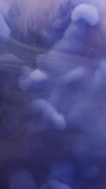 Dikey video. Buhar bulutu. Sıçrama boyası. Odaklanmamış mavi mor renk dokusu soyut arkaplanda yüzen duman sıvısı damlacıklarını karıştır.