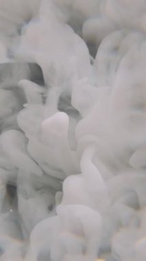 Dikey video. Sis bulutu. Sıvı mürekkep. Odaksız beyaz süt buharı dokusu ruhani dalga su akışı soyut sanat üzerinde yüzüyor koyu siyah zemin.