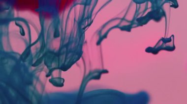 Boya çözeltisi. Duman girdabı. Pembe turkuaz pigmentler damlayan renkli su buharı karışımı. Sanat boya damlası soyut sıvı arkaplan.