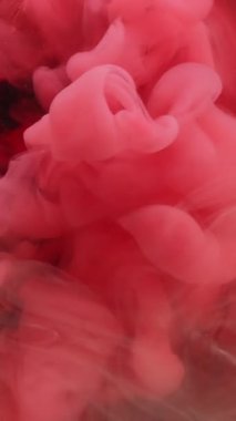 Dikey video. Suda mürekkep. Boya karışımı. Odaklanamayan pembe renkli duman dokusu soyut sanatın koyu siyah zemininde yükselen kimyasal sıvı..