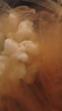 Dikey video. Renkli duman dokusu. Suyu boya. Soyut koyu siyah sanat arka planına odaklanmış sarı ruhani bulut damlası sıvısı.