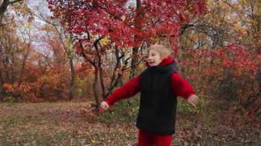 Sonbaharda ormanda kırmızı ağaçların arkasında dans eden çocuk. Yüksek kaliteli FullHD görüntüler