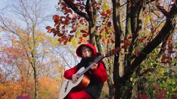 Boy Plucks Strings Guitar Playing Melody Sitting Log Autumn Park — Stock Video