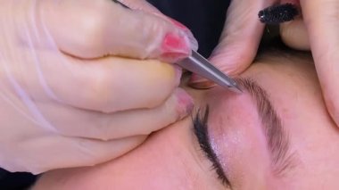 Kaşların çevresi boyunca cımbızla saç yolmak. Kozmetik prosedür kalıcı kaş makyajı. Kaş dövmesi..