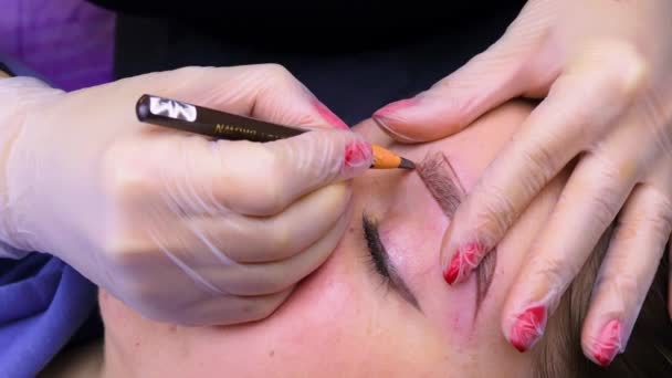Mestre Marca Contornos Das Sobrancelhas Com Lápis Antes Procedimento Maquiagem — Vídeo de Stock