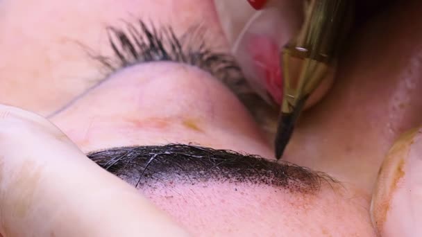 Skjuta Permanent Make Ögonbryn Med Hjälp Tatueringsmaskin För Att Införa — Stockvideo