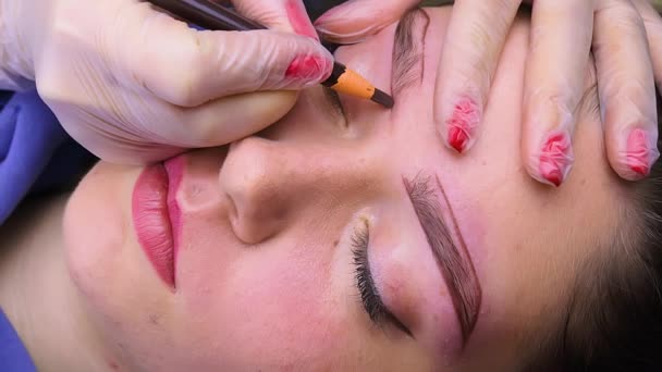 Mistr Dělá Obočí Značky Modelce Pomocí Kosmetické Tužky Kosmetický Zákrok — Stock video