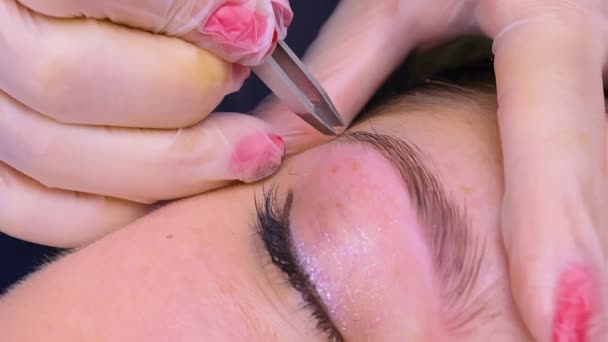 Desplumando Pelo Deseado Alrededor Las Cejas Con Pinzas Maquillaje Permanente — Vídeos de Stock