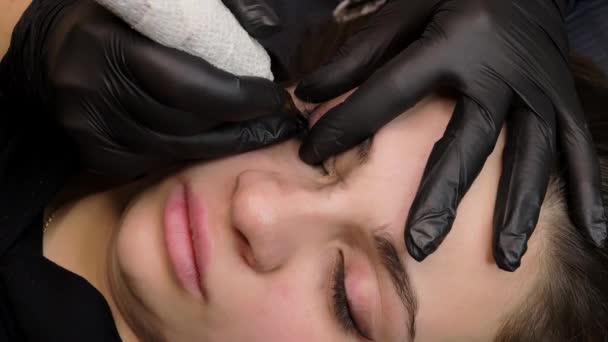 Beautiful Girl Model Lies Procedure Permanent Eyelash Makeup High Quality — стоковое видео