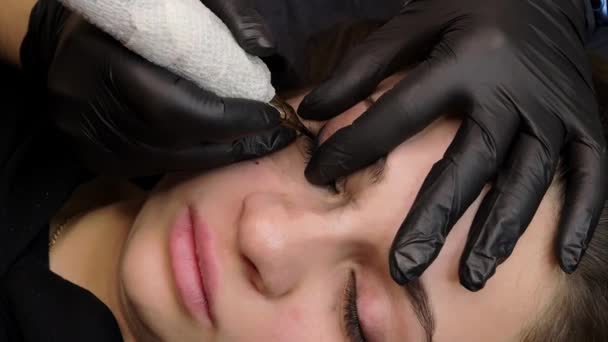 Bringing Camera Close Models Face Master Performs Permanent Eyelash Makeup — Vídeos de Stock