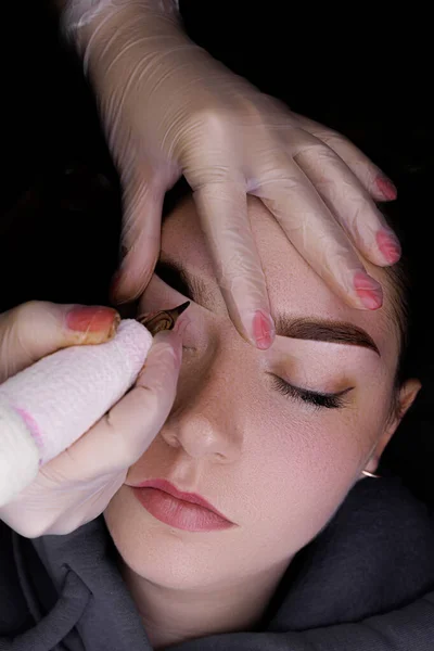 Beautiful Girl Model Procedure Permanent Makeup Eyebrows Top View Stok Lukisan  