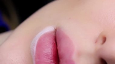 Kız modelin dudaklarının köşesinin makro görüntüsü. Üstat bunu beyaz bir kalemle çiziyor. Yüksek kalite 4k görüntü