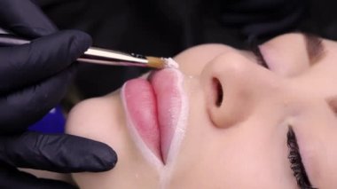 Dudakları fırçayla pudralayarak modellerin dudaklarını kalıcı makyaj prosedürüne hazırlıyorum. Yüksek kalite 4k görüntü