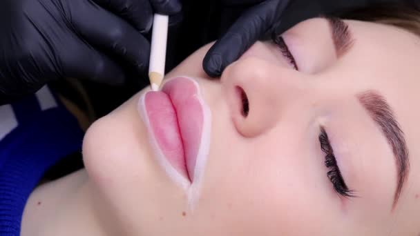 Hermosa Chica Modelo Con Labios Regordetes Procedimiento Maquillaje Permanente Maestro — Vídeos de Stock