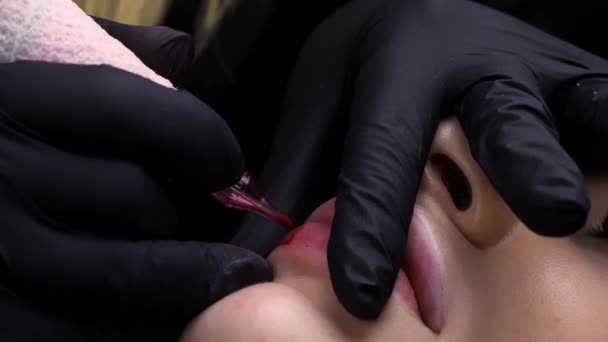 Close Van Permanente Lip Make Procedure Meester Houdt Zijn Lippen — Stockvideo