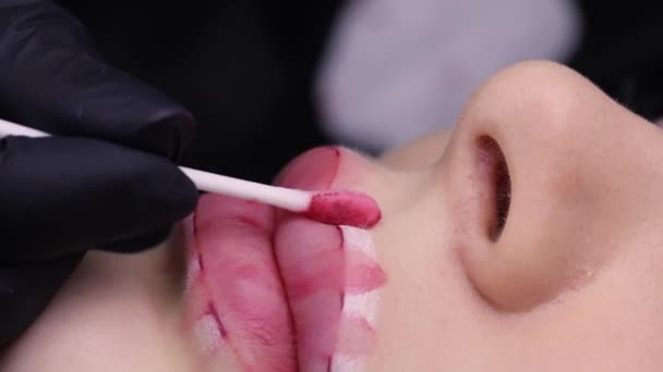 Abwischen Überschüssiger Tätowierpigmente Von Der Lippenkontur Des Mädchenmodells Nach Dem — Stockvideo