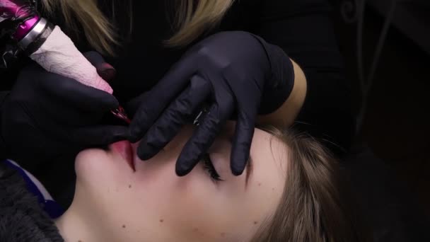 Kalıcı Makyajın Ustası Kalıcı Makyajı Yapmak Için Dudaklarını Parmaklarıyla Tutuyor — Stok video