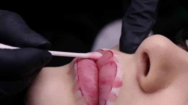 Kalıcı Dudak Makyaj Ustası Prosedürü Dövmenin Sonucunu Değerlendirmek Için Pamuklu — Stok video