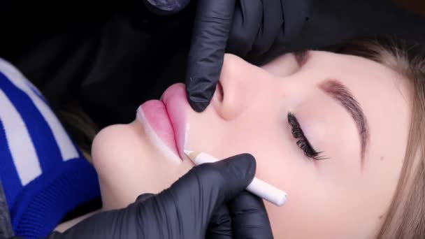 Fille Sexy Avec Des Lèvres Dodues Procédure Maquillage Permanent Maître — Video