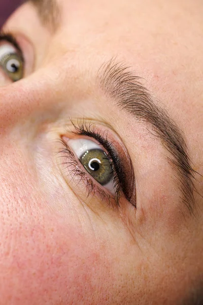 Närbild Modellens Öga Permanent Makeup Ögonlocken Tatuering Ögonfransar — Stockfoto