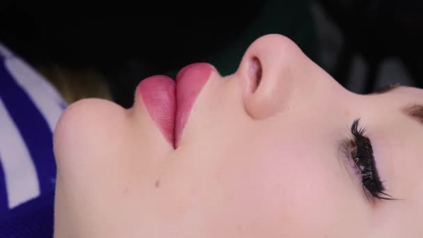 Aplicação Matiz Pele Dos Modelos Após Maquiagem Permanente Dos Lábios — Vídeo de Stock
