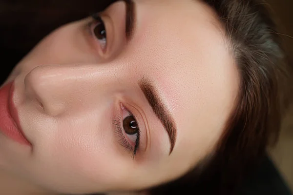 Beautiful permanent makeup on the eyebrows of a girl. Eyebrow permanent makeup cosmetic procedure.