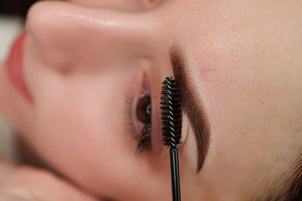 Una Ceja Con Maquillaje Permanente Peina Con Cepillo Procedimiento Cosmético —  Fotos de Stock
