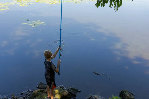 Overhead View Teenager Standing River Fishing Fishing Rod Sport Fishing — Stock Photo, Image