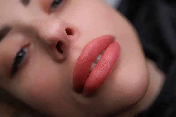 Belles Lèvres Tendres Après Procédure Maquillage Permanente Délicat Maquillage Permanent — Photo