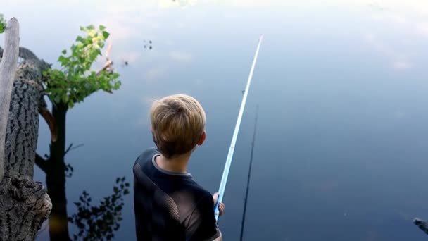 Teenage Boy Cast Fishing Rod Fishing — Stock Video