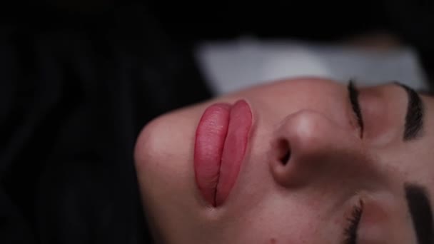 Nakładanie Stałego Makijażu Kąciki Ust Usuwanie Pozostałości Pigmentu Wacikiem — Wideo stockowe