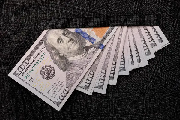 Diffondere Banconote Cento Dollari Sbircia Dalla Sua Tasca Banconote Dollaro — Foto Stock