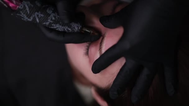 Gros Plan Sourcil Sur Lequel Maquillage Permanent Est Appliqué Poudre — Video