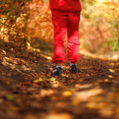 Parkta yürüyen bir çocuğun bacaklarının arkası. Sonbaharda parkta kırmızı elbiseli bir çocuk..