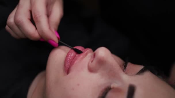 Lábios Lubrificantes Com Hidratante Após Maquiagem Permanente — Vídeo de Stock