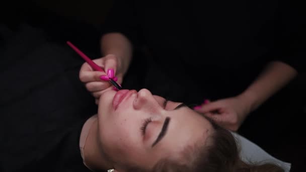 Stały Mistrz Makijażu Nakłada Krem Barwiący Kontur Wargi — Wideo stockowe