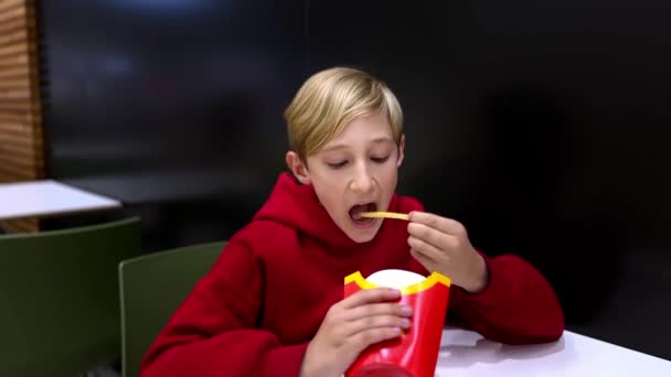 Băiatul Mănâncă Cartofi Prăjiți Băiat Într Restaurant Care Mănâncă Fast — Videoclip de stoc
