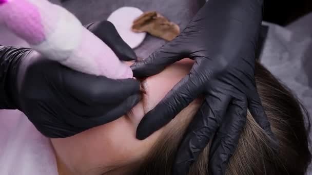 Mästaren Utför Stroke Genom Att Applicera Pigment Huden Permanent Ögonbrynsmakeup — Stockvideo