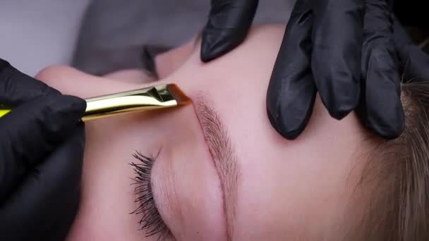 Applicera Skiss Konturen Ögonbrynen Innan Förfarandet För Permanent Makeup Permanent — Stockvideo