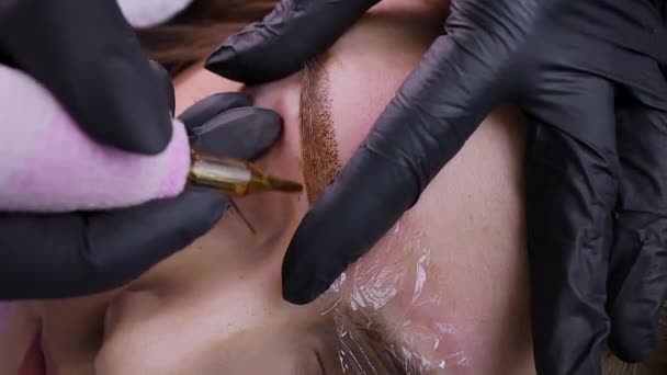 Usando Cartucho Una Máquina Maquillaje Permanente Técnico Aplica Pigmento Piel — Vídeos de Stock