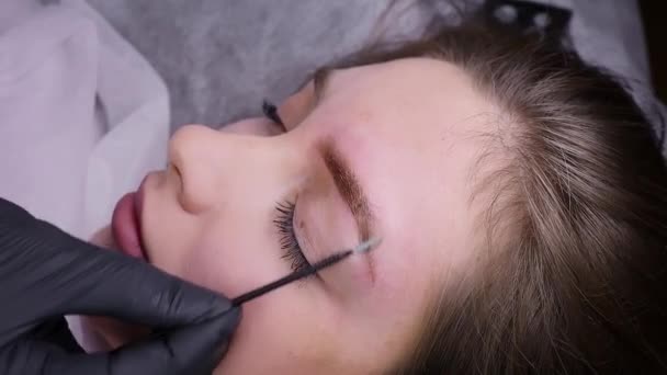 Spridning Anestesi Över Ytan Ögonbrynen Med Hjälp Mikroborste Permanent Makeup — Stockvideo