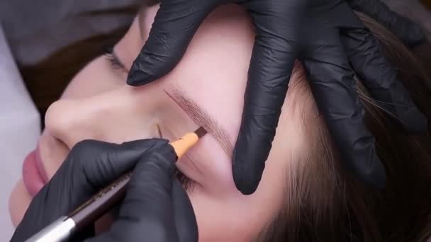 処置の前に眉毛の輪郭に鉛筆のスケッチを塗ること 眉毛のPmuを実行する永久的なメイク手順 — ストック動画