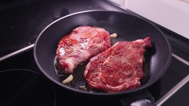 Meat Pan Fried Young Veal Steak Tender Cut Meat — Stock Video