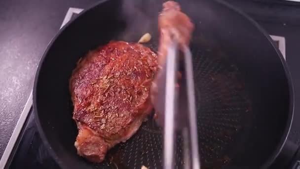 Cooking Meat Frying Pan Young Veal Steak Tender Cut Meat — Stock Video