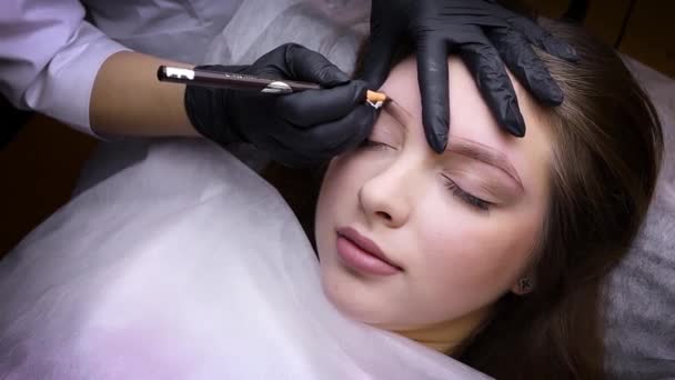 Den Permanenta Makeup Mästaren Ritar Skiss Modellerna Ögonbryn Permanent Makeup — Stockvideo