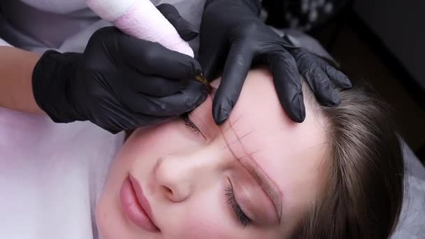 Jeune Fille Procédure Maquillage Permanent Des Sourcils Maître Applique Pigment — Video