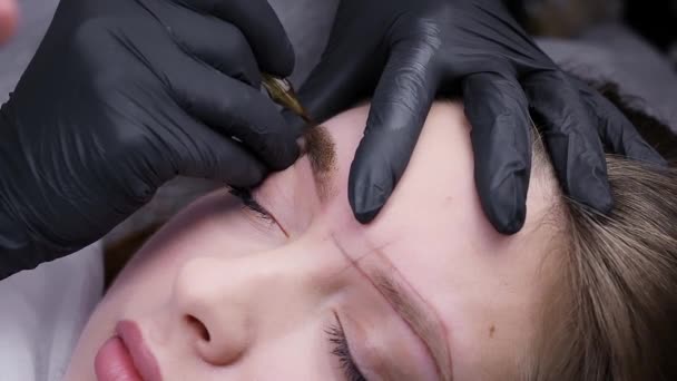 Kalıcı Makyaj Ustası Kaş Dövmesi Yaptıran Birinin Çalışma Süreci Kalıcı — Stok video