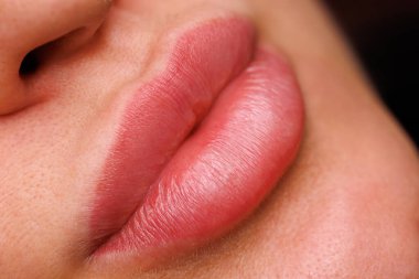 Bir kadının dudakları, kalıcı makyajdan bir ay sonra. Yumuşak pigment gölgesi onlara iyileşme sürecinden sonra doğal ve düzenli bir bakış sağlar..